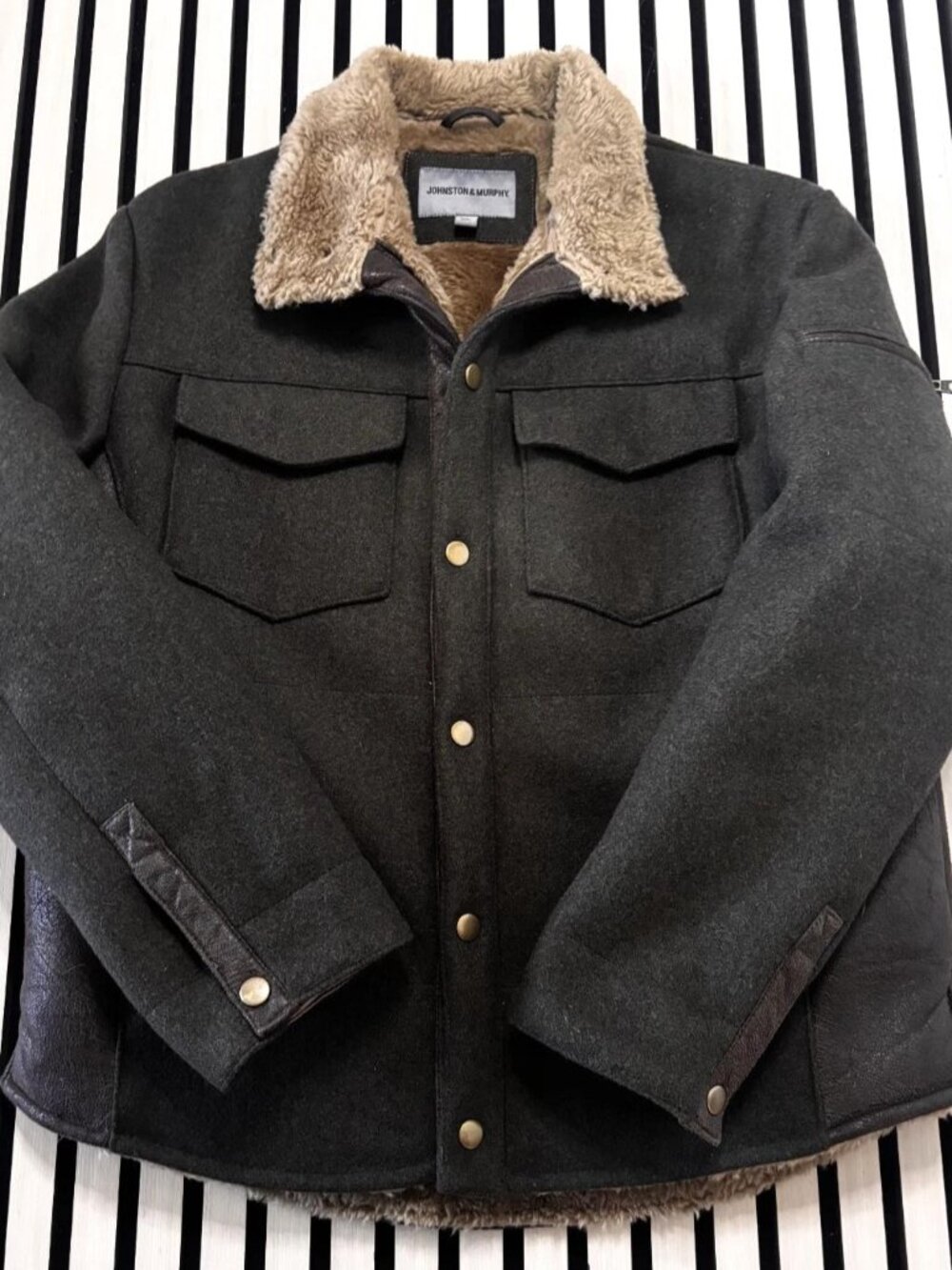 Johnston & Murphy Olive Green Wool Faux Fur Lined Trucker Jacket Men's L